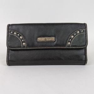 Tommy Hilfiger Wallet Studded Flap Billfold Black w/White Stitching Vintage Y2K